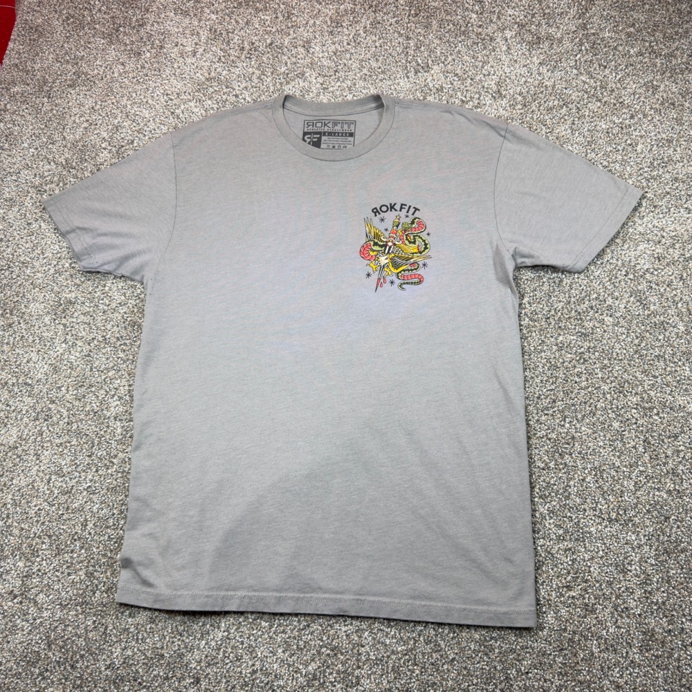 Rokfit Mens XL Never Out Of The Fight Tattoo Graphic T-Shirt Gray Athletic Fit